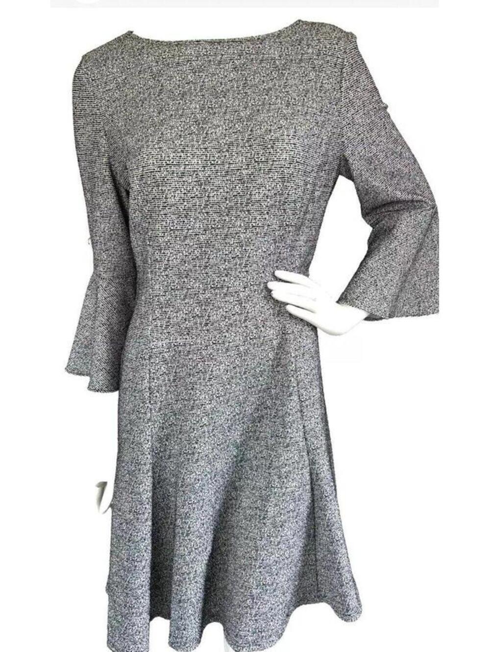 American Living Boucle Dress Flared Sleeve A-line Skirt Crewneck Black/White 12